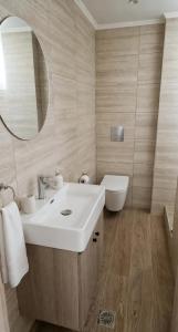 a bathroom with a sink and a toilet and a mirror at Aelia House Kefalos - Cozy & Quiet in Kos