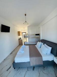ein Schlafzimmer mit einem großen Bett und einem Fernseher in der Unterkunft Studios Litsa in Pefkari