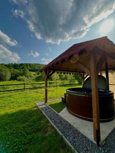 a wooden gazebo with a hot tub in a field at Сади Вітрів in Oriv
