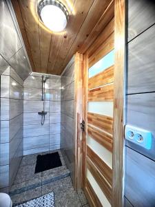 a bathroom with a shower with a glass door at Сади Вітрів in Oriv +10 photos