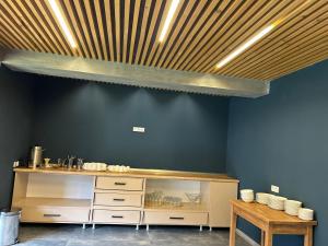 a kitchen with a counter and a blue wall at Hotel Mansarda Mestia in Mestia