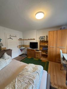 a bedroom with a bed and a desk and a television at Privatzimmer in Trieben +18 photos