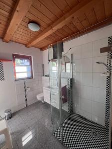 a bathroom with a shower with a glass shower stall at Ferienhof Buschle in Bermatingen