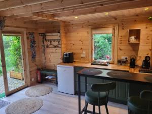 a kitchen in a log cabin with a counter at Le chalet caché, au pied des Chambarans in Saint-Siméon-de-Bressieux