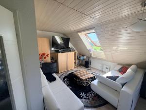 a living room with a white couch and a tv at An der Elbaue in Pirna
