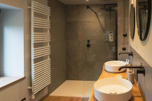 a bathroom with a shower and a toilet and a sink at Stone Barn Menil Sauna & Nordic Bath in Ardennes in Hotton +36 photos