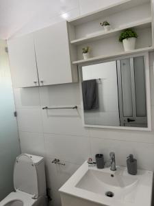 a bathroom with a toilet and a sink and a mirror at Casa Amélia in Cidade Velha +23 photos