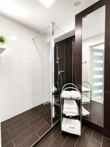 a bathroom with a shower and a towel rack at Kwartał Dominikański in Kamień Pomorski +24 photos