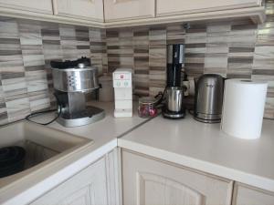 a kitchen counter with a coffee maker and appliances on it at Pera Horio House in Apérathos +7 photos
