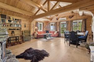 a living room filled with furniture and a fireplace at Orreleiken in Åmot +17 photos