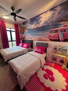 a bedroom with two beds and a painting on the wall at K Avenue by Stay & Unwind Suites in Donggongon