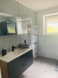 a bathroom with a sink and a mirror at Ferienidylle im Westerwald in Seck +22 photos