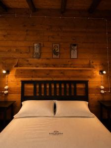 a bedroom with a bed in a wooden wall at Etna Essence Chalet in Trecastagni