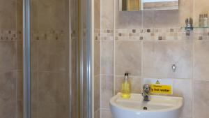 a bathroom with a sink and a shower at The Poacher Inn in Upton Grey