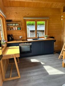 a kitchen with a stove and a sink in a cabin at Greenwood Chalet in Ottershaw
