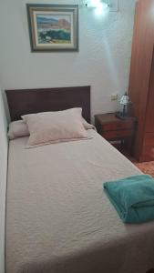 a bedroom with a large bed with a nightstand and a bed sidx sidx sidx at Pensión Isasa in Arnedo +5 photos