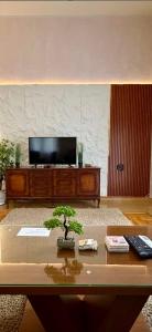a living room with a table with a tv on top at Blue Escape in Danilovgrad +40 photos