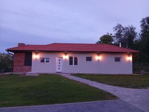 a house with lights on the side of it at Kuca za odmor PETAR u blizini Parka prirode PAPUK in Lisičine