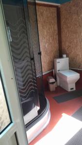 a bathroom with a shower and a toilet at Gasthaus Jasur,Yakkakhona in Madovra