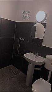 a bathroom with a sink and a toilet and a mirror at Căbănuțele Rotunda in Băile Herculane