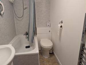 a bathroom with a toilet and a shower and a sink at Scoor House - Cruachan in Bunessan