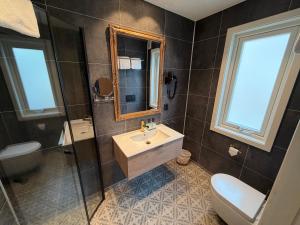 a bathroom with a sink and a toilet and a mirror at Hofslund Apartments in Sogndal +26 photos