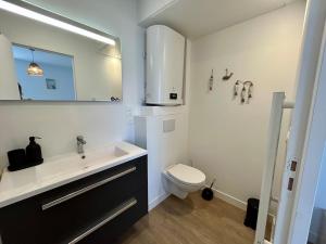 a bathroom with a toilet and a sink and a mirror at Le 200 de la cale in Fouesnant +8 photos