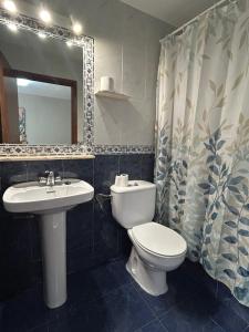 a bathroom with a toilet and a sink and a mirror at El Duje in Tielve