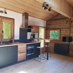 a large kitchen with wooden walls and wooden floors at Magnifique chalet , 10 personnes, vue panoramique, bain nordique in Passy +71 photos