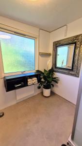a living room with a large window and a plant at Irenes Anneks in Nyborg