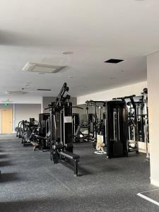 a gym with rows of exercise equipment in a room at Green Chill Studio in An Khê