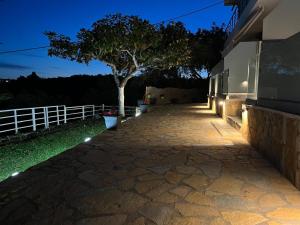 a tree on a sidewalk next to a building with lights at Spiros Rooms in Kastrosikia +122 photos