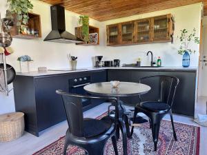 a kitchen with a table and chairs in a kitchen at Gästhus i lummig trädgård - i idylliska Örum in Löderup +10 photos