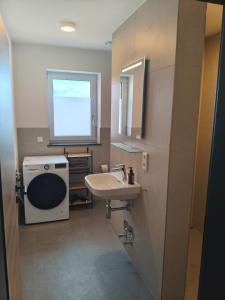 a bathroom with a sink and a window at Alpenblick Living in Stetten