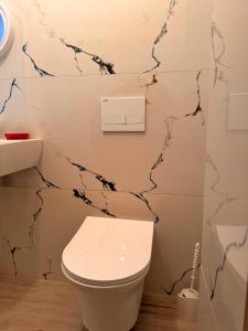 a bathroom with a toilet and a wall with cracks at Mert Jacellari Guesthouse in Pogradec +9 photos