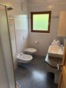a bathroom with a toilet and a sink and a window at Appartamenti Chantal in San Martino in Badia +31 photos