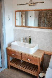 a bathroom with a white sink and a mirror at Guest house ''8 smilgos'' in Klaipėda +65 photos