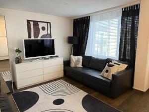 a living room with a black couch and a flat screen tv at Executive Suite-Business Edition in Zurich