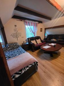 a bedroom with a bed and a couch and a table at Chill House Lipowo Mazury in Lipowo