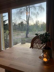 a dining room table with a view of a window at Hulen - Ro & Natur in Bindslev