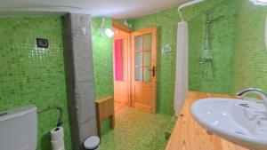 a green bathroom with a sink and a door at Casa Rural BASARTE in Bakio +128 photos