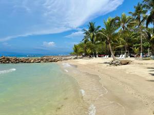 a sandy beach with palm trees and the ocean at Cabaña linamar in Coveñas