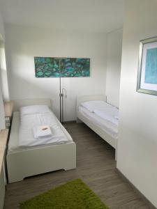 a small bedroom with two beds and a green rug at Emotion zentrumsnah für bis zu 6 Personen in Winterberg