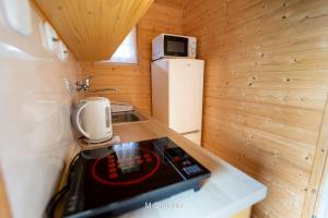 a small kitchen with a stove and a refrigerator at Domki pod Żukowcem in Solina +15 photos