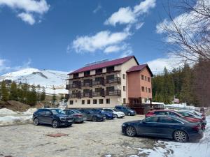 a group of cars parked in front of a building at Pensiunea Turistică Octavian in Moroeni