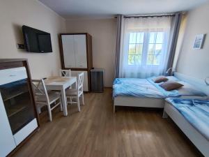 a bedroom with a bed and a table and a mirror at Willa Hydrograf - rowery i parking bezpłatnie in Ustka +52 photos