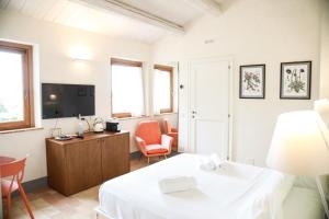 a room with a bed and a desk and a tv at Casa Mansoor in Sirolo