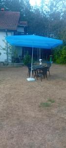 a blue umbrella over a picnic table in a yard at Vila Sofija in Vinci