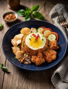 a blue plate of food with an egg on top at ClubRock Perlis Signature Hotel in Kaki Bukit