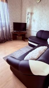 a living room with a couch and a tv at Uuemõisa apart in Haapsalu